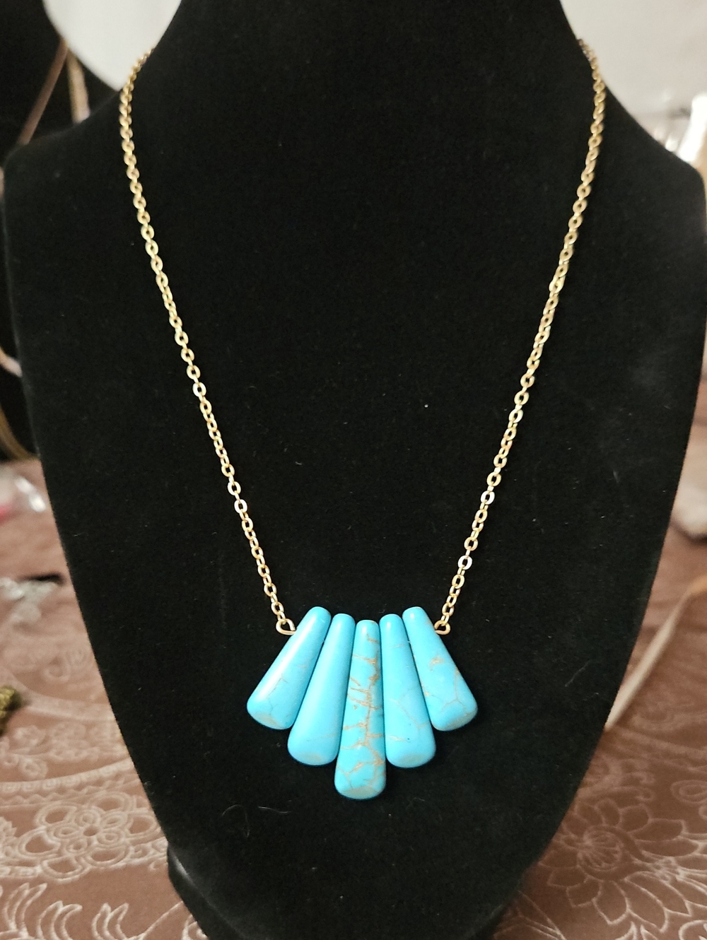 Plunder Design Faux Turquoise Fan Spike Necklace - Gold Tone Chain - NEW
